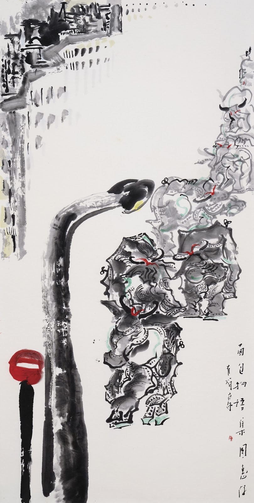 Tan Oe Pang (b.1947). <a href="http://tanoepang003.blogspot.sg/2013/10/who-lights-way.html">Who lights the way</a>, 2013. Ink and colour on paper. A token of appreciation for DPM Tharman Shanmugaratnam, GOH of Singapore Breadtalk IHQ opening ceremony.